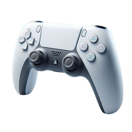 A white gaming controller with black buttons and joysticks