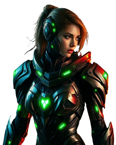 A futuristic warrior in gaming armor